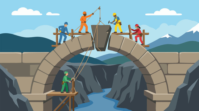 A team of construction workers wearing hard hats and safety gear collaborates to raise the final keystone of a large stone arch bridge spanning a deep canyon with a river below and distant mountains.