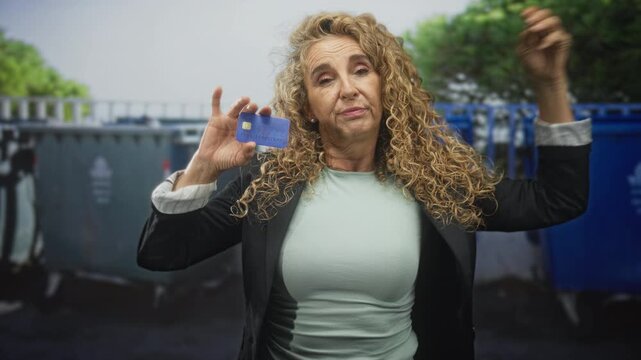 Woman holding creditcard in raised hand, eyes closed and lips pursed on street near dumpsters and blue bins; financial frustration.