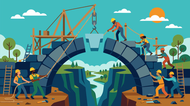 Team of construction workers raising the central keystone of a massive stone arch bridge spanning a deep canyon valley, featuring engineering teamwork, heavy crane machinery, architectural