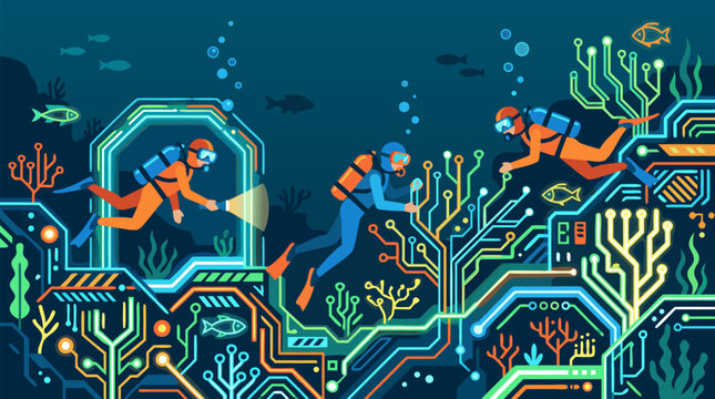 Team of Scuba Divers Exploring Glowing Circuit Board Coral Reef Underwater, Technology Meets Nature, Neon Electronic Sea Life, Futuristic Ocean Exploration, Digital Marine Biology Vector Art