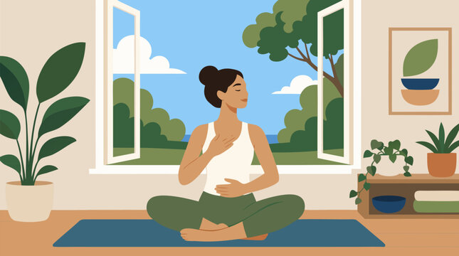 Flat Vector Illustration of a Young Woman Practicing Calm Deep Breathing Exercise While Sitting Cross-Legged on a Blue Yoga Mat in a Bright Sunlit Room With Open Window and Lush Indoor Plants,