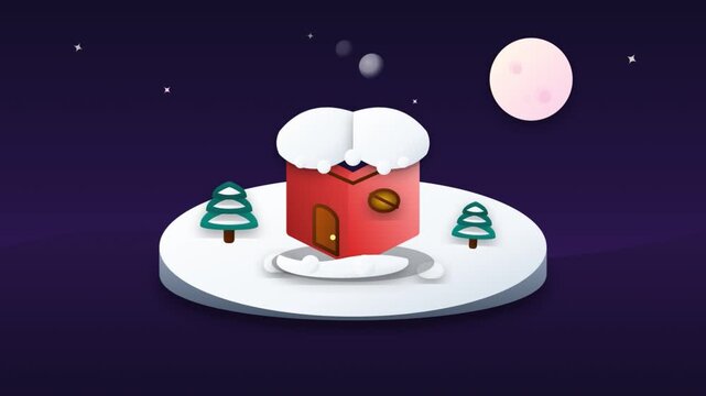 Isometric 3D animation of cozy red house in snowy winter night with smoke