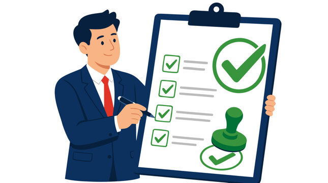 Professional Businessman in Blue Suit and Red Tie Holding Clipboard with Giant Green Checkmarks, Marking Completed Checklist Items with Pen, Corporate Success Task Completion and Quality Assurance