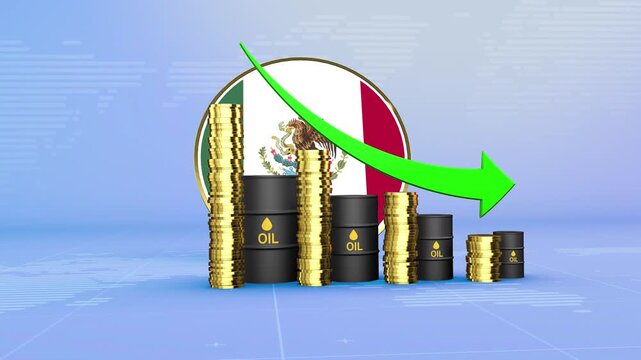 Mexico Oil Prices Decline with Oil Barrels, Gold Coins and Downward Green Arrow, 3D Economic and Financial Market Concept