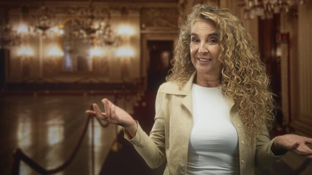 Woman middle age blonde with curly hair points finger to chest and gestures with open hands wearing white top and beige jacket in ornate roped exhibition hall building; engagement storytelling.