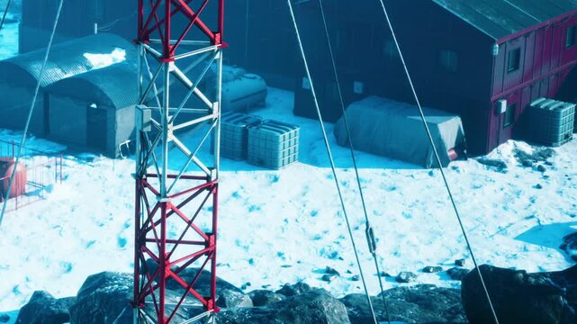 Snow covers the ground around a red and white tower. Several buildings are visible in the background, and large storage containers are located nearby. The scene shows a cold environment.