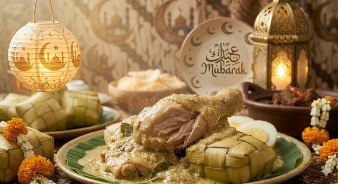 Traditional Indonesian Eid Al-Fitr Feast with Opor Ayam, Ketupat, and Islamic Ramadan Decorations 