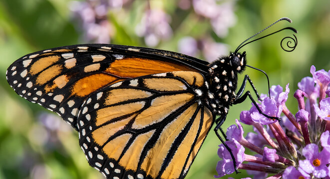 Monarch Butterfly Feeding on Purple Buddleja