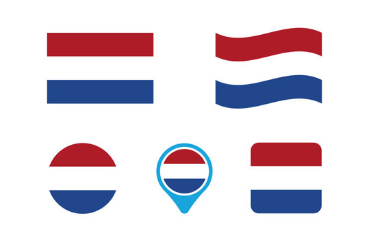 The Netherlands national flag. The Netherlands national flag in vector format with a 2:3 aspect ratio rectangle, waveform, round, rounded pin and square shapes.