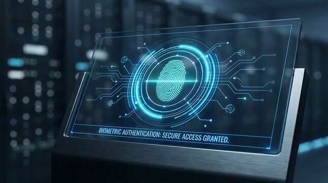 A glowing digital fingerprint scanner interface showing secure access granted in a server.
