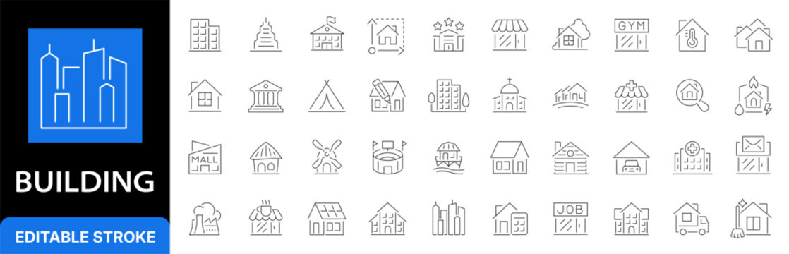 Building and real estate line icon set. City architecture, house construction. Hotel, hospital, apartament, city, town house, mall, coffee, gym and more. Public properties and urban infrastructure out
