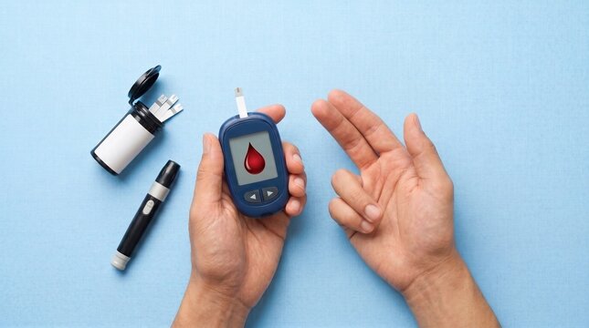 Person holding a blood glucose meter with a blood drop icon, alongside a lancet pen and test strips on a blue background, for diabetes management.