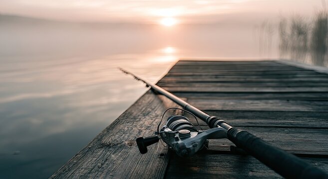Fishing rod rests on weathered wooden pier at sunrise over misty lake