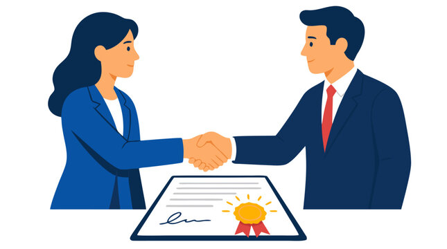 Business Partnership Handshake Illustration Featuring Professional Man and Woman Shaking Hands Over Signed Contract with Golden Seal, Bold Flat Vector Design for Corporate Deal Finalization