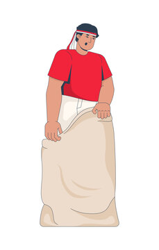 Man ready for traditional Indonesian sack race competition 2D cartoon character. Independence Day community game. Male contestant flat vector person isolated on white. Colorful spot illustration