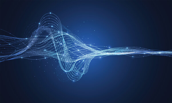 Abstract blue digital data wave technology background with glowing nodes and plexus lines