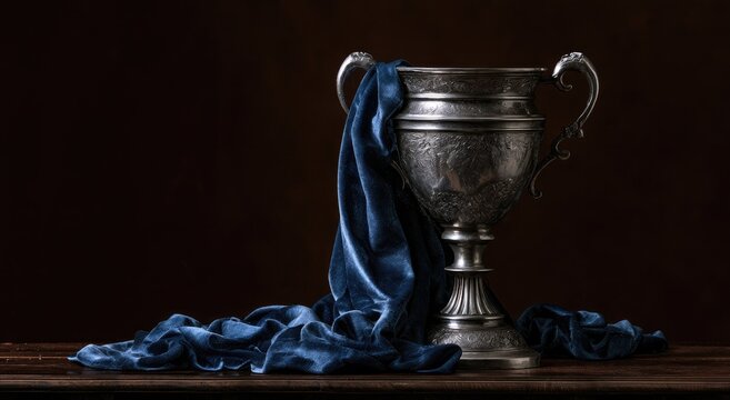 Ornate silver chalice draped with rich blue velvet cloth on wood