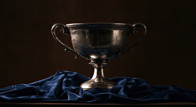 Ornate silver goblet on draped velvet, spotlighted, creating a dramatic ambiance