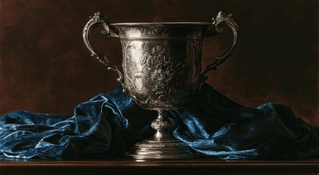 Ornate silver chalice with intricate floral patterns on velvet