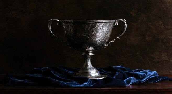 Ornate silver chalice with handles rests on dark blue velvet