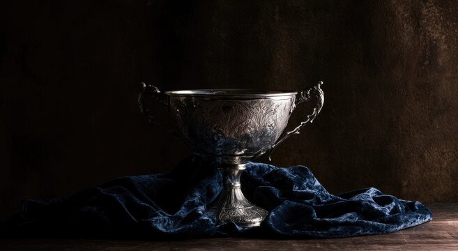 Ornate silver chalice with intricate etchings, resting on a rich blue cloth