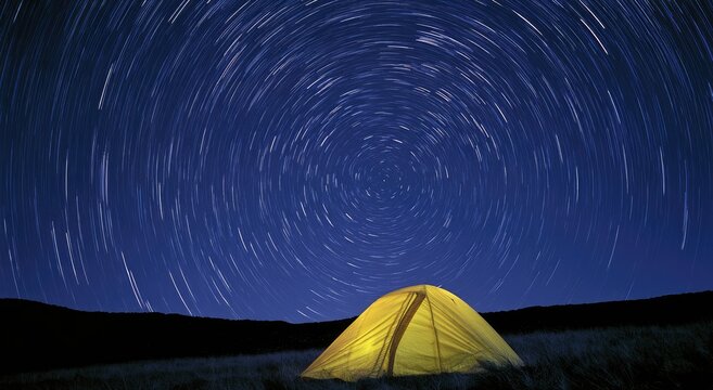 Lone illuminated tent under a swirling star trail night sky