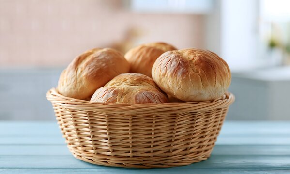 A light brown natural wicker basket filled with several stale rustic bread rolls, the bread clearly old and dry with hard crusts