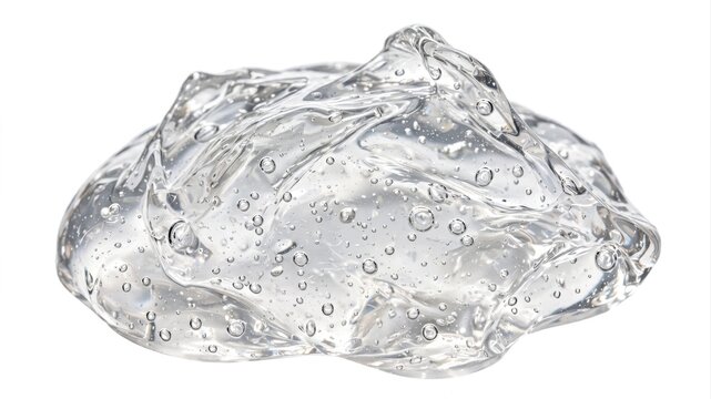 Clear ice cube melting with bubbles on surface in bright light.