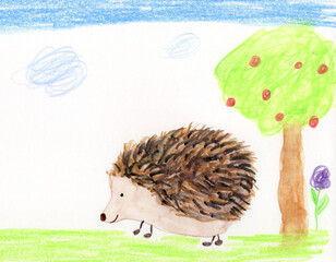 Childrens drawing of a cute hedgehog in a garden