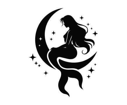 Mermaid silhouette vector illustration of a fantasy woman sitting