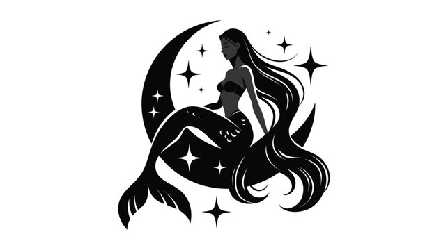 Mermaid silhouette vector graphic of a fantasy creature on moon