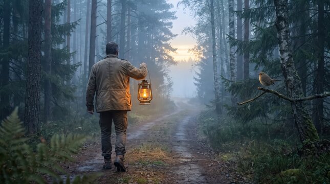 Man walking down a forest path with a lantern and a bird on a branch nearby at sunrise or sunset
