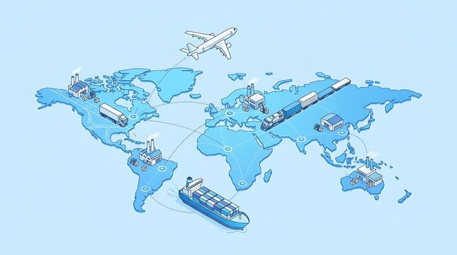 An isometric illustration of a global logistics supply chain network on a blue map.