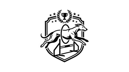Dog agility hoop jump shield logo with trophy. © ani
