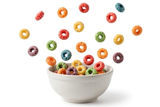 Colorful cereal rings floating above bowl on white background with natural light.