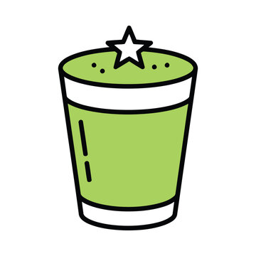A cartoon illustration of a green drink with a star on top sitting alone.