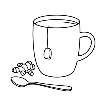 A cup of tea with a tea bag and ginger root next to a spoon on a table.