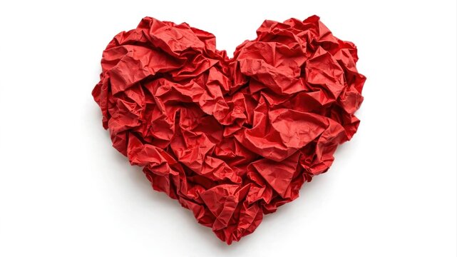 Crumpled red heart shape Valentines Day symbol on white background.