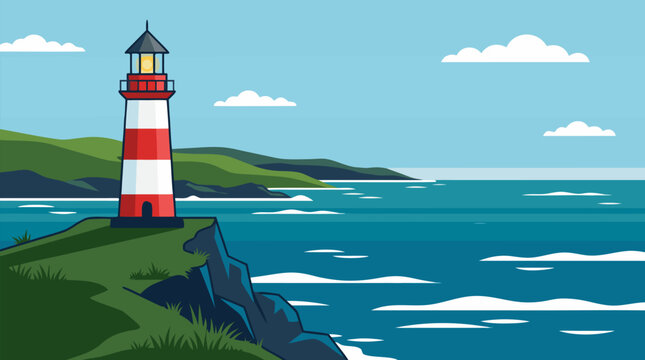 Vibrant Flat Vector Illustration of a Classic Red and White Striped Lighthouse Perched on a Lush Grassy Coastal Cliff Overlooking a Wavy Deep Blue Ocean, Ideal for Travel, Nautical and Coastal Themed