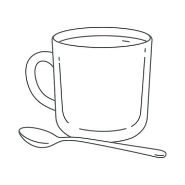 A simple line drawing of a mug and spoon on a table indoors