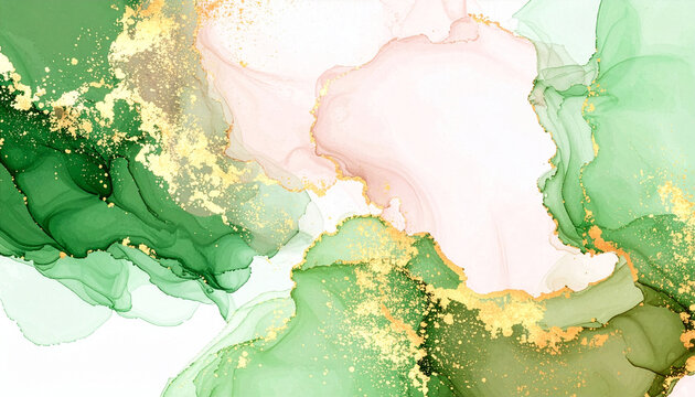 Elegant Abstract Green and Gold Alcohol Ink Background with Fluid Marble Texture and Soft Pink Accents