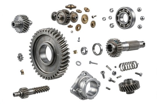 Disassembled mechanical gear parts scattered on white background with various components.