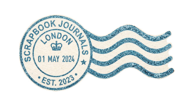 Blue glitter postmark for "Scrapbook Journals" London est. 2023