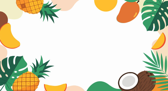 Vibrant tropical fruit border featuring pineapples, mangoes, and coconuts with exotic leaves on a white background.