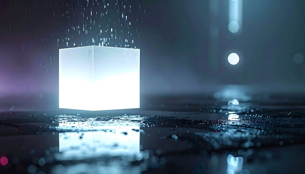 Cinematic glowing cube on wet dark surface with shimmering light particles and futuristic blue reflections