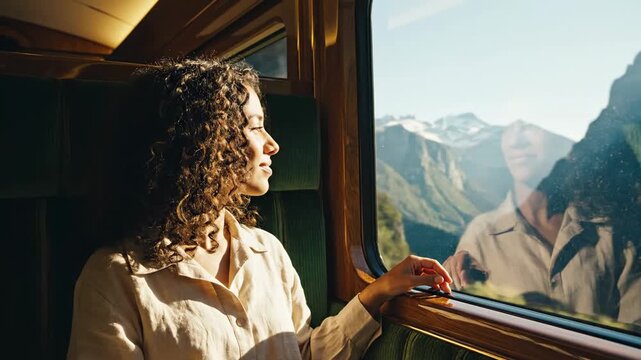 A curly haired woman gazes through the window of a moving train while observing the breathtaking snow capped mountain range during her adventurous summer vacation journey across the scenic