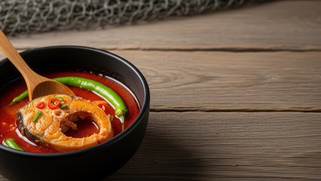 Traditional Hungarian Hal&aacute;szl&eacute; Carp Fish Soup in a Rustic Bowl with Wooden Spoon and Copy Space