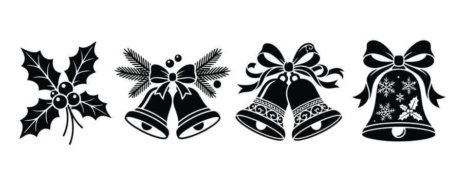 Set of four festive christmas holiday icons with holly and bells christmas decoration celebration ornament seasonal greeting traditional