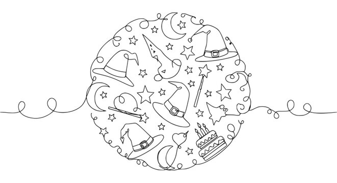 Whimsical Witch Hats and Magic Circle - Continuous Line Drawing
