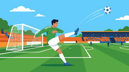 Fototapeta premium Soccer Goalkeeper Punting Ball Far Downfield Under Bright Sunlight, Action Vector Illustration of Football Match, Athletic Player Kicking Ball on Green Pitch with Stadium Background